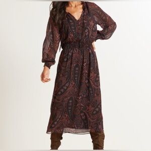 Evereve Allison Joy Alexis Paisley Midi Dress Black/Rust/Pine Sz M NWT